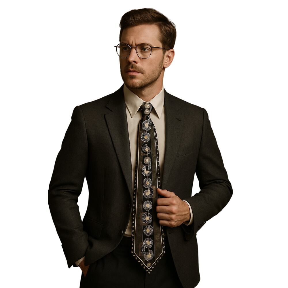 Bello Uomo 100% Silk Geometric Pattern Tie Made in Italy Brown, Black & Cream